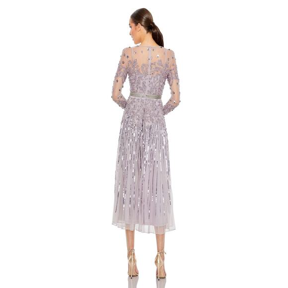 Mac Duggal Mesh Sequin Long Sleeve Belted Tea Dress Vintage Lilac Size 18 NWT - Picture 3 of 13